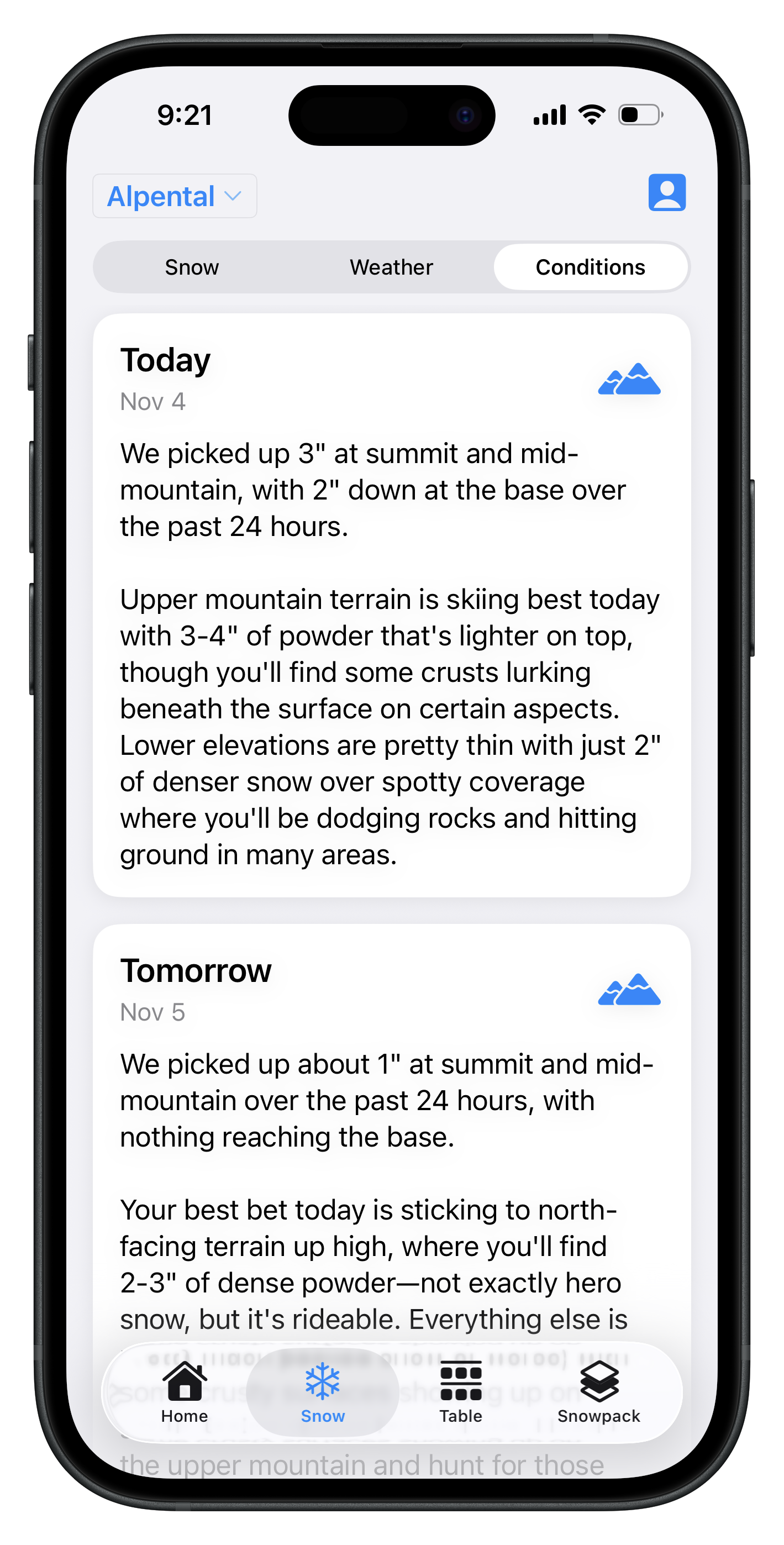 AI conditions report screen